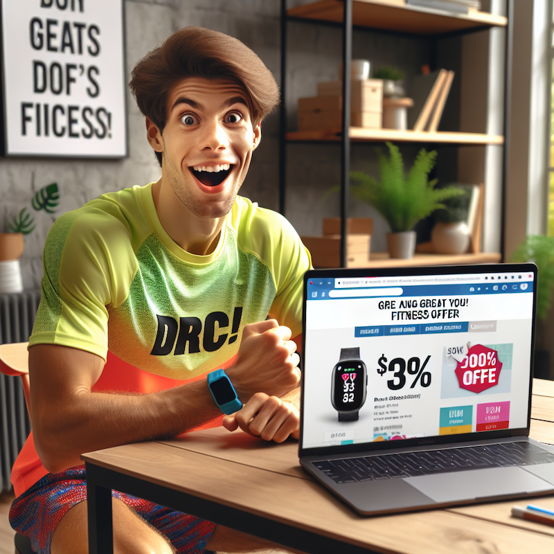 Hier ist das Bild einer Person, die ein gutes Angebot im Internet findet und sich freut, während sie Sportkleidung trägt