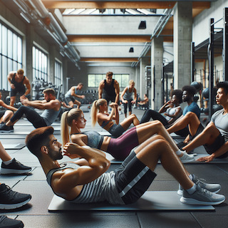 Eine Gruppe von Menschen trainiert ihre Bauchmuskeln in einem modernen Fitnessstudio. Männer und Frauen verschiedener Herkunft, darunter Kaukasier, Hispanics, Schwarze, Nahöstliche und Südasiatische, tragen Sportkleidung und konzentrieren sich auf ihr Training. Einige machen Crunches auf Fitnessmatten, während andere Planks ausführen. Das Fitnessstudio ist hell und geräumig, mit Trainingsgeräten im Hintergrund. Die Atmosphäre ist energisch und motivierend, und hebt die Vielfalt und Hingabe der Personen hervor.