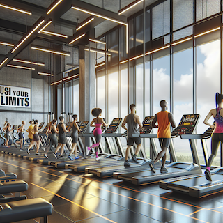 Dieses Bild zeigt einen modernen und energetischen Gym-Innenraum, der ideal für Cardio-Training gestaltet ist.