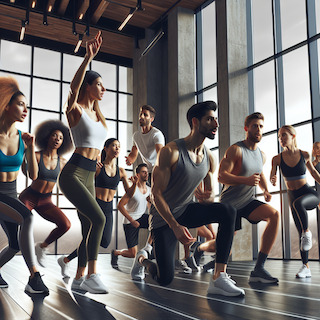Das Bild zeigt eine dynamische Gruppe von Personen, die von einem charismatischen Coach in einer modernen Umgebung trainiert werden. Es strahlt Gemeinschaft, Gesundheit und Fortschritt aus und ist ideal, um die Dienstleistungen eines Fitness-Coaches zu präsentieren.
