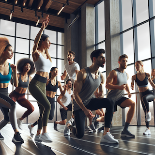 Das Bild zeigt eine dynamische Gruppe von Personen, die von einem charismatischen Coach in einer modernen Umgebung trainiert werden. Es strahlt Gemeinschaft, Gesundheit und Fortschritt aus und ist ideal, um die Dienstleistungen eines Fitness-Coaches zu präsentieren.