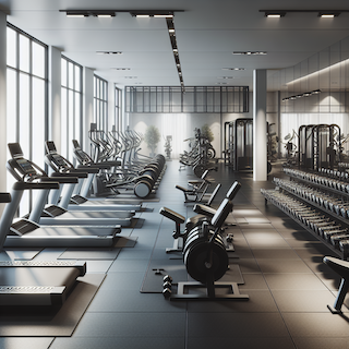 Ein modernes und sauberes Fitnessstudio ohne Personen, das eine Auswahl an Fitnessgeräten zeigt. Zu sehen sind Laufbänder, Ellipsentrainer, stationäre Fahrräder, Krafttrainingsmaschinen und Hanteln, alle ordentlich angeordnet. Der Raum ist hell durch natürliches Licht, das durch große Fenster scheint, und das Design ist minimalistisch gehalten mit Farben wie Schwarz, Silber und Dunkelblau. Spiegel an den Wänden und Gummiboden schaffen ein professionelles, gut organisiertes Ambiente.