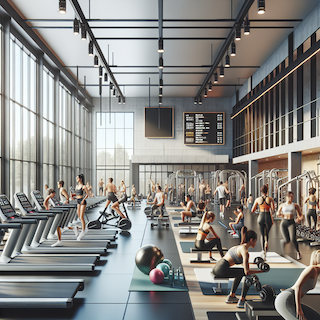 Das Fitnessstudio ist geräumig, mit großen Fenstern, die viel natürliches Licht hereinlassen. Es gibt Reihen von Laufbändern und stationären Fahrrädern, einen Bereich mit Gewichthebeausrüstung wie Hanteln und Langhanteln sowie einen Bereich für Gruppenkurse mit Yogamatten und Gymnastikbällen. Die Wände sind mit Motivationspostern dekoriert und der Boden ist mit Gummimatten ausgelegt. Menschen unterschiedlichen Alters trainieren, einige heben Gewichte, andere machen Cardio-Übungen. Die Atmosphäre ist energisch und lebendig.