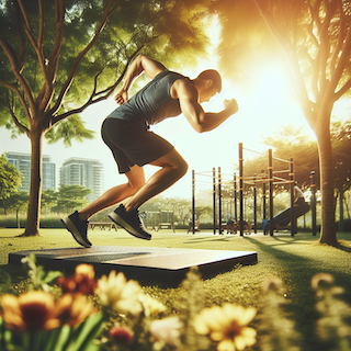 Das Bild zeigt einen fitten kaukasischen Mann, der in einem sonnigen Park Burpees ausführt. Die Umgebung ist von grünem Gras und Bäumen geprägt, mit Blumen und einem klaren Himmel. Die Atmosphäre ist lebendig und belebend, und das Bild fängt die Energie und Dynamik eines Ganzkörper-Workouts ein.
