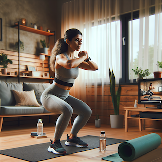Das Bild zeigt eine fitte hispanische Frau in ihrem gemütlichen Wohnzimmer, die konzentriert ein Workout-Video auf ihrem Fernseher oder Laptop verfolgt und die Übungen mit Engagement nachmacht. Sie ist dabei, Kniebeugen auszuführen, was ihre Konzentration und Motivation widerspiegelt. Das Wohnzimmer ist mit einem Yoga-Matte, Wasserflasche und einer kleinen Pflanze ausgestattet, was die freundliche und ermutigende Atmosphäre des Heimtrainings unterstreicht. Das Bild fängt die interaktive und zugängliche Natur des Trainings zu Hause ein.