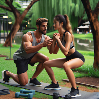 Das Bild zeigt einen Personaltrainer, der in einem malerischen Park mit üppigem Grün mit seinem Kunden trainiert. Der Trainer, ein kaukasischer Mann, demonstriert eine Kniebeugentechnik für seine Kundin, eine hispanische Frau, die aufmerksam den Anweisungen folgt. Beide tragen sportliche Kleidung, die für das Training geeignet ist. In der Nähe befinden sich Trainingsmatten und Hanteln, was auf ein umfassendes Workout hinweist. Die Atmosphäre ist konzentriert und unterstützend und zeigt die persönliche Aufmerksamkeit und Anleitung während der Trainingseinheit. Das Bild fängt die Interaktion und Dynamik zwischen Trainer und Kunde ein.