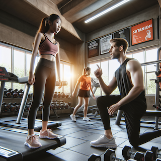 Das Bild zeigt eine Szene in einem Fitnessstudio während eines Probetrainings. Zwei Personen sind im Vordergrund zu sehen: ein engagierter männlicher Trainer und eine konzentrierte weibliche Anfängerin. Der Trainer demonstriert Übungen und gibt Ratschläge, während die Anfängerin aufmerksam und in bequemer Sportkleidung trainiert. Das Fitnessstudio ist mit wesentlichen Geräten wie einem Laufband und Gewichten ausgestattet. Helle Beleuchtung und motivierende Poster an den Wänden schaffen eine energische und einladende Atmosphäre.