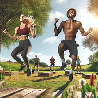 Das Bild zeigt eine sonnige Parkumgebung mit grünem Gras und Bäumen. Eine kaukasische Frau macht energetisch Jumping Jacks mit einem großen Lächeln, während ein afrikanisch-amerikanischer Mann enthusiastisch Burpees ausführt. Sie sind von natürlichen Elementen wie Blumen und einem klaren Himmel umgeben. Die Atmosphäre ist lebhaft und fröhlich und zeigt den Spaß und die Energie des Tabata-Trainings in einer Outdoor-Umgebung.