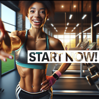 Das Bild zeigt eine sportliche afrikanisch-amerikanische Frau in einem modernen Fitnessstudio, die motivierend auf den Betrachter zugeht. Die Aufschrift "START NOW!" ist in einer großen, fetten Schrift mit kontrastierender Farbe oben im Bild zu sehen, sodass sie sich deutlich hervorhebt und leicht zu lesen ist. Die Atmosphäre ist lebendig und motivierend, ideal, um Besucher zum Beginn ihrer Fitnessreise zu inspirieren. Das Bild ist rechteckig und eignet sich perfekt als Banner für eine Webseite.